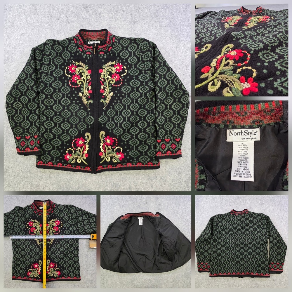 NorthStyle Sweater Womens Medium Black Wool Fair Isle Floral Embroidered Boho‎